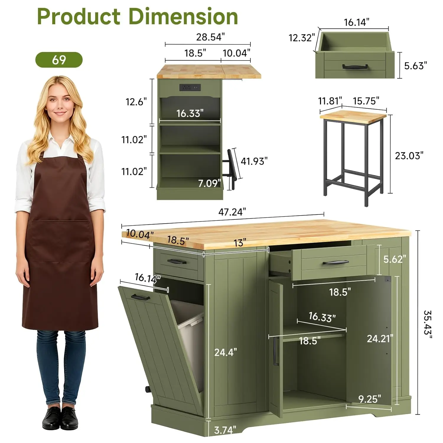 47 Inch Stationary Kitchen Island with Seating Drop Leaf Design Kitchen Island   with Storage Include 2 Bar Stools for Kitch