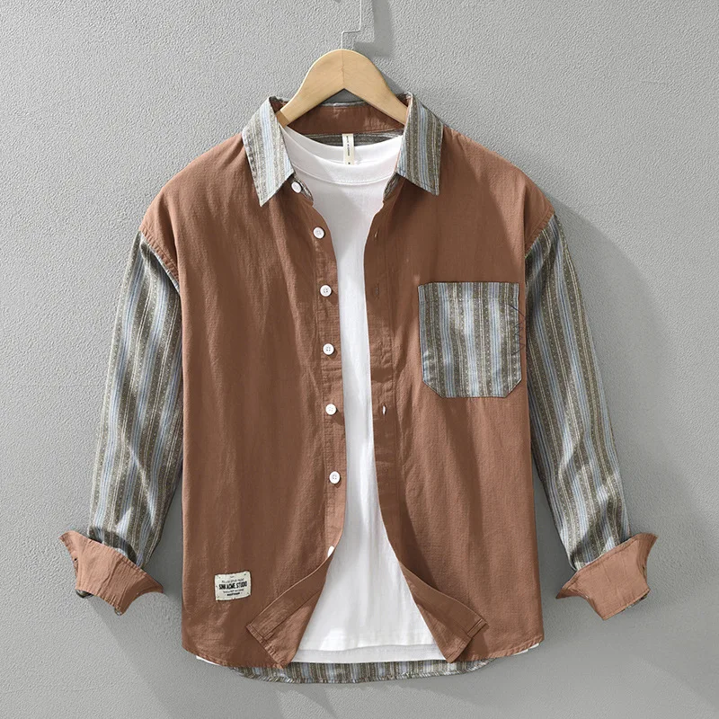 

Корейская модная мужская рубашка с длинным рукавом, осенняя уличная одежда, мужские рубашки, топ из чистого хлопка, лоскутная полосатая рубашка, молодежная повседневная одежда