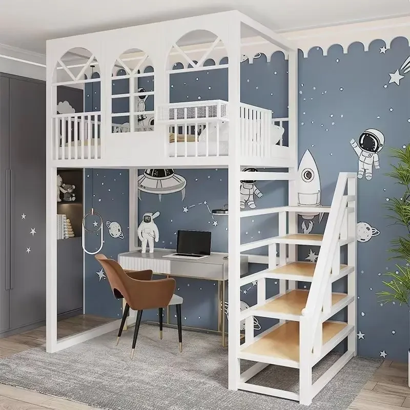 Simple and space-saving wrought iron bed, two floors of elevated double bunk up and down a ladder