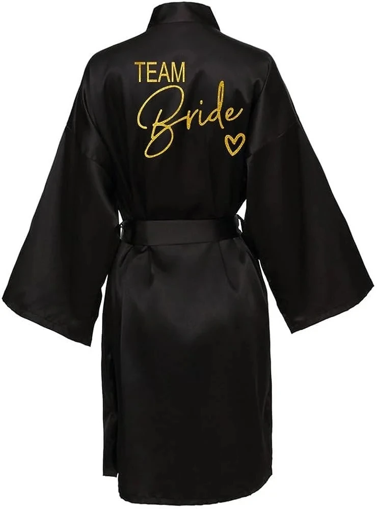 Wedding Party Team Bride Robe Kimono Satin Pajamas Bridesmaid Bathrobe Gold Letter SP089