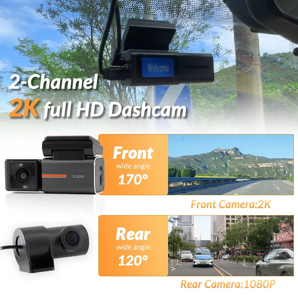 2 Channel Dash Cam Auto Front Rear HD 2K+1080P WiFi Dash Camera for Car Vehicle DVR Recorder 170° Ultra Wide Angle Camcorder