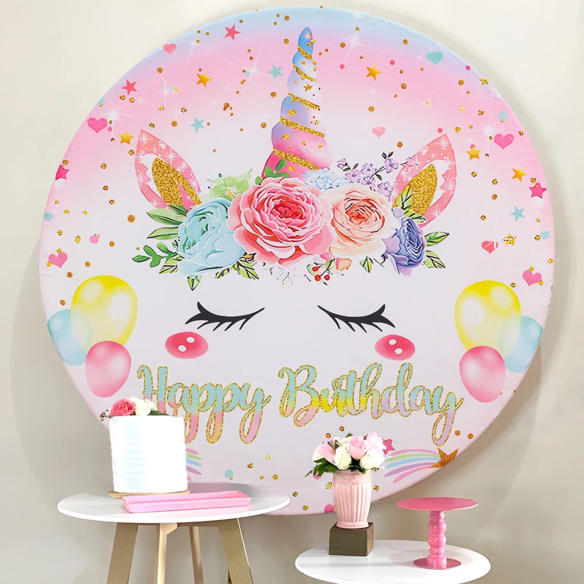 Round Birthday Party Backdrops Unicorn Dinosaur Flamingo Farm Animal Birthday Party Decor Baby Shower Circle Photo Background