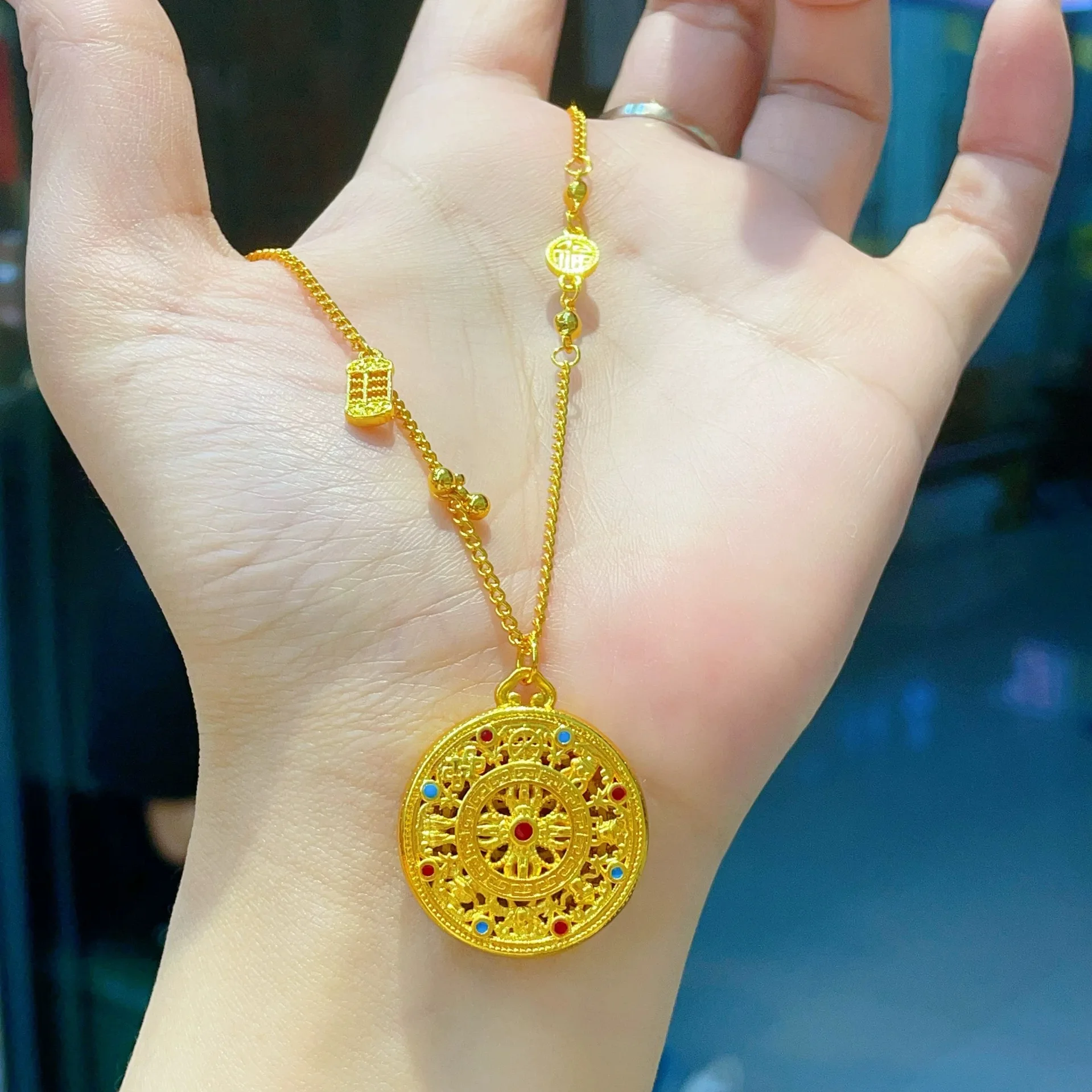 

Luxury 24K 9999 Pure Gold real gold Hollow Lotus Fortune Eight Treasure Compasses Necklace