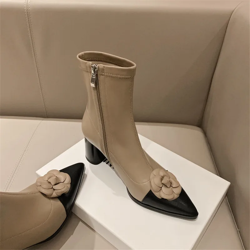 Bottes en croûte de cuir pour femme, chaussures à bout pointu, à la mode, couleurs mélangées, à talons hauts, élastiques à fleurs, nouvelle collection automne hiver