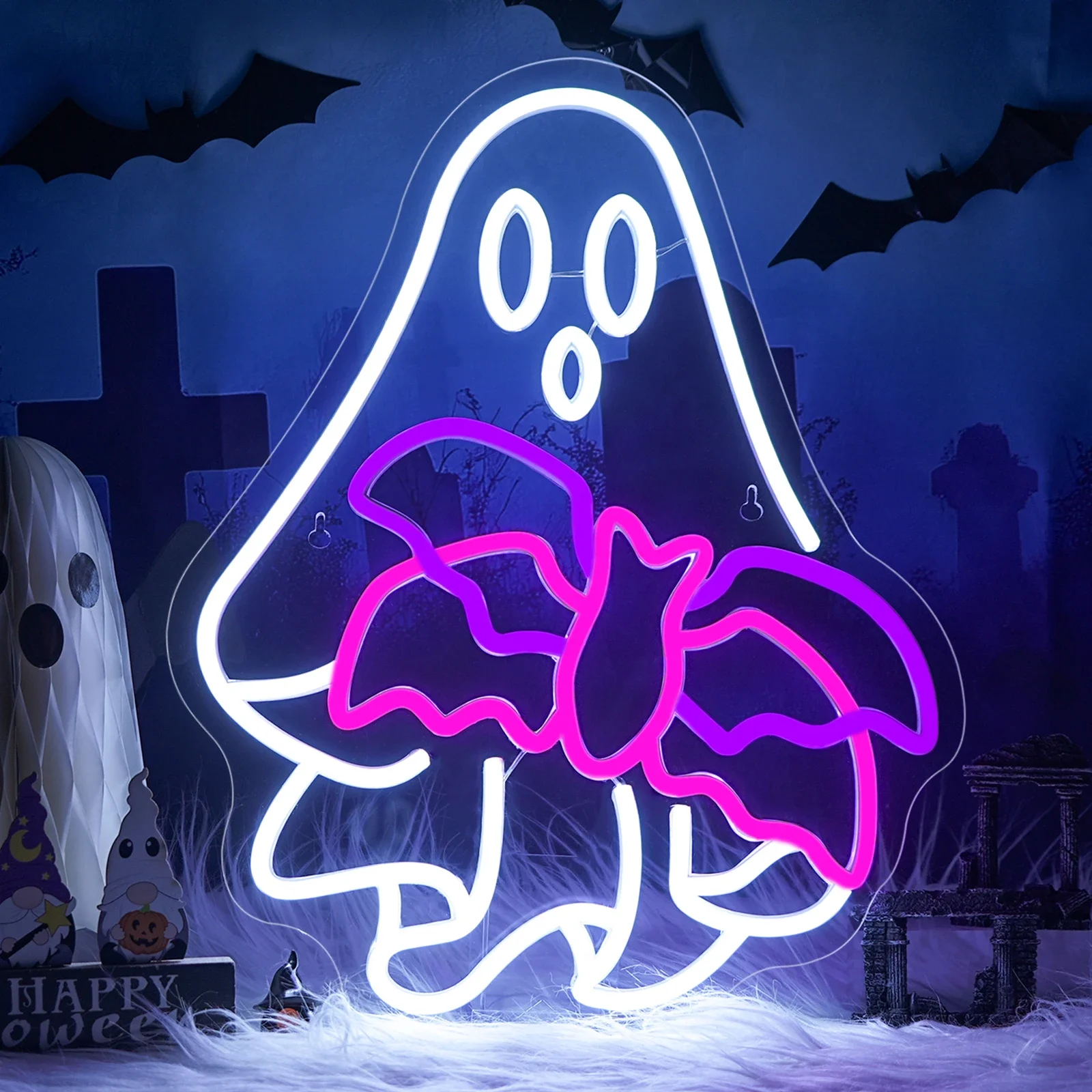 

Funny Spooky Ghost Bat Led Light Up Sign Wall Decor for Halloween Dimmable Spooky Window Club Party Bar Shop