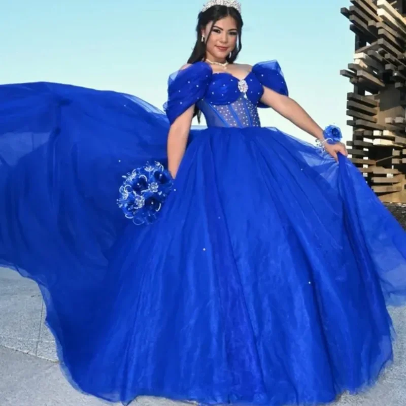 Vestidos de quinceañera azul real personalizados con hombros descubiertos, apliques de lentejuelas, cristal de Tull, Vestido de cola larga 15 para quinceañeras