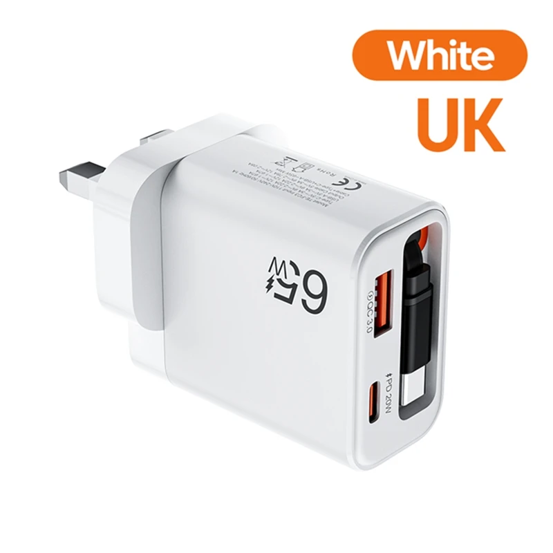 Neues 65W Superschnelles USB-C-Ladegerät mit Einziehbarem USB-C-Kabel für iPhone 17 16 15 Samsung POCO Xiaomi