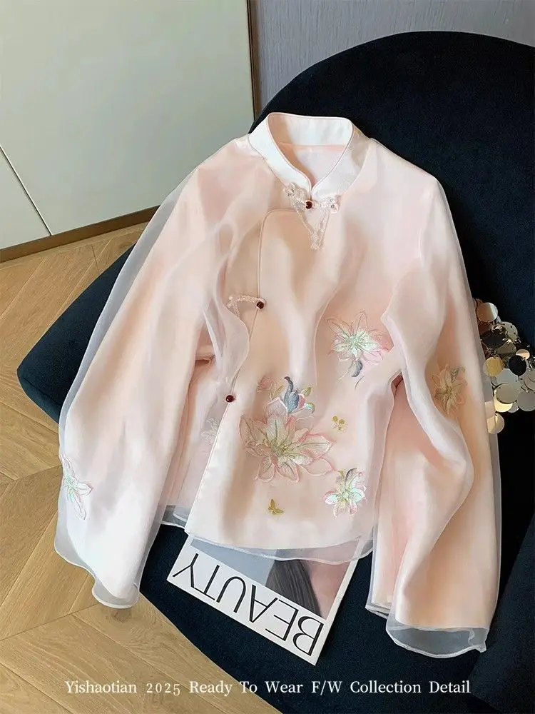 بلوزات شيفون مطرزة للنساء بأكمام طويلة بلوزات فضفاضة عتيقة على الطراز الصيني شيونغسام مقاس كبير