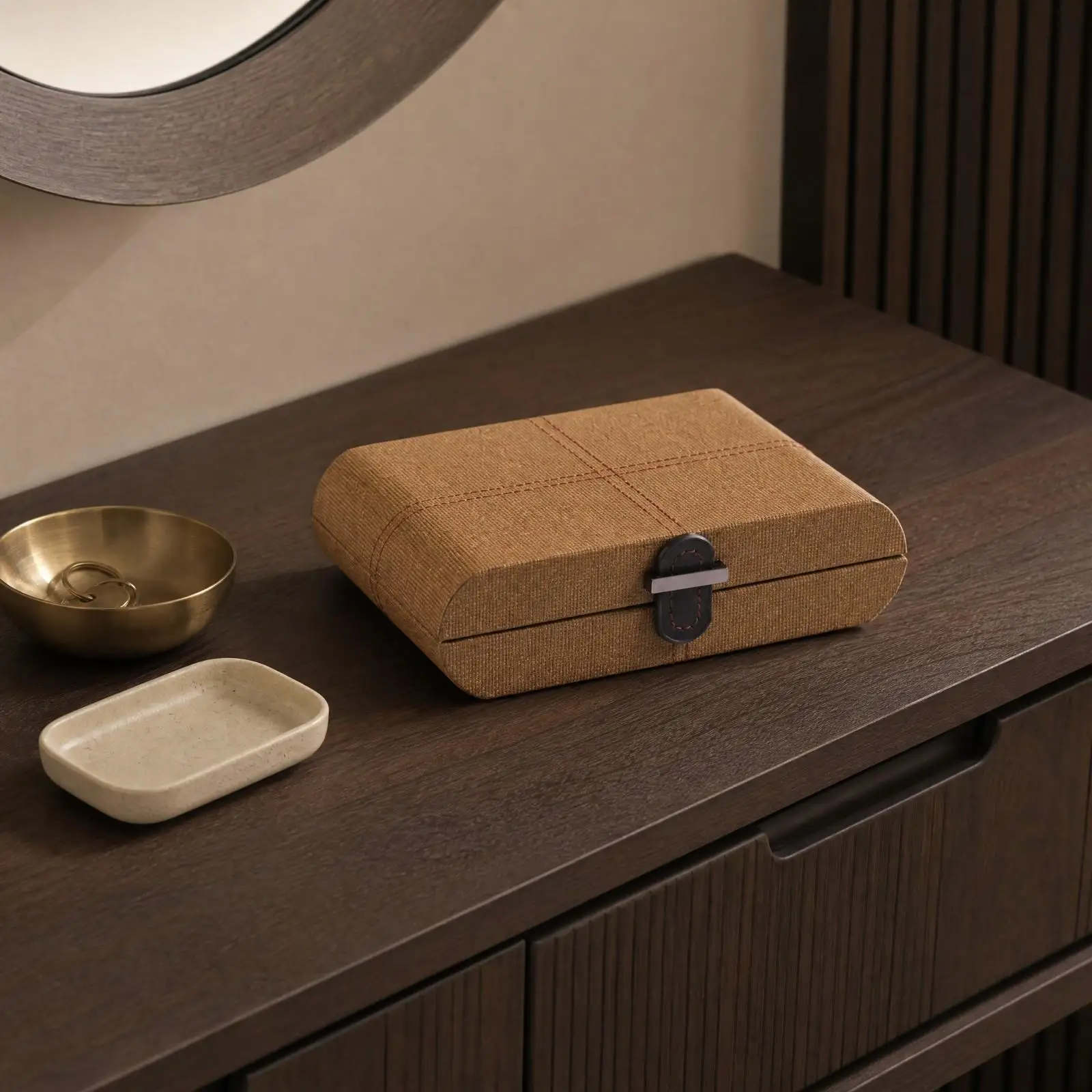 Compact Jewelry Box Organizer with Wood Accents for Necklace Bracelet Earring Storage Travel Tabletop Jewelry Tray for Women