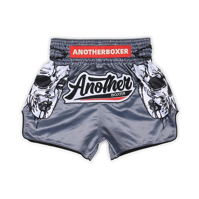 Graphic Muay Thai Boxing Shorts Glossy Satin Muay Thai Fight Trunks Ghost Skull Graffiti Side Split Shorts for MMA Kickboxing