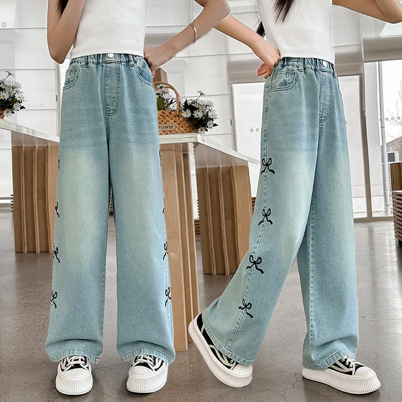 Girls\' Summer Thin Side Seam Embroidered Bowknot Jeans Loose Straight Wide Leg Denim Pants Teenagers Pure Color Washed Trousers