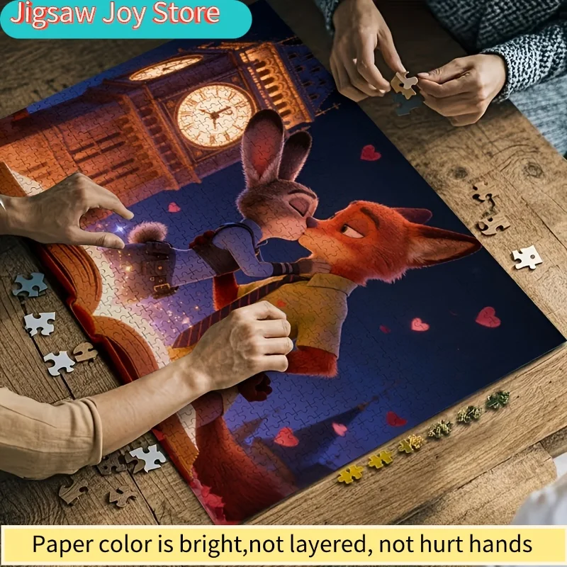 Puzzle plat 2D, Zootopia Judy & Nick Kiss - 1000 pièces, Tour de l'horloge, Livre magique, Cadeau romantique pour la Saint-Valentin, Puzzle de couple Zootopia
