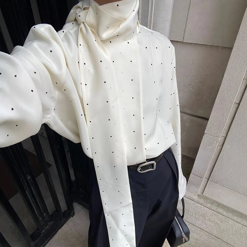 Fashion Bow Scarf Collar Long Sleeve Loose Shirts Women Elegant Lace-Up Pullover Tops Vintage Polka Dot Printed Commute Blouses