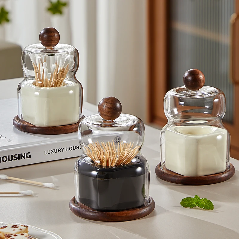 

Creative Clear Glass Mask Dental Floss Cotton Swab Toothpick Box Storage Tube with Lid Ceramic Toothpick Jar Storage Box Decor