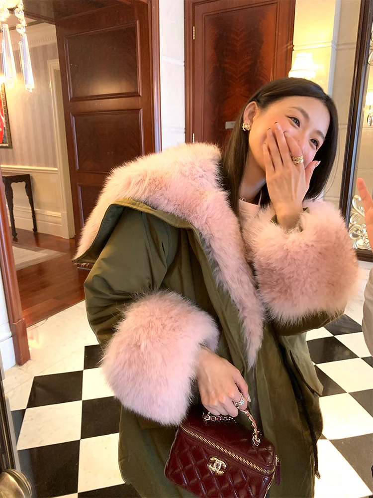 Women's True  Fur Jaet Winter Warm Waist-Cinching Hooded Coat Korean Sle Straight Cut Thiened Cotton Du down Filling