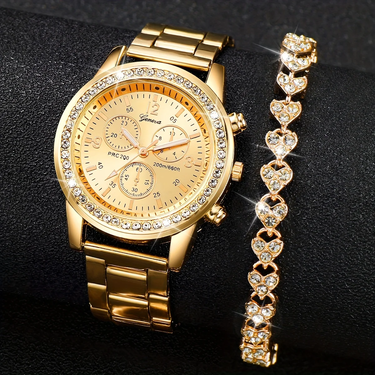 

2pcs/set Glamorous Rhinestone Quartz Watch & Bracelet Duo - Stylish Steel Band, Timeless Elegance for Her - Ideal Womens Gift