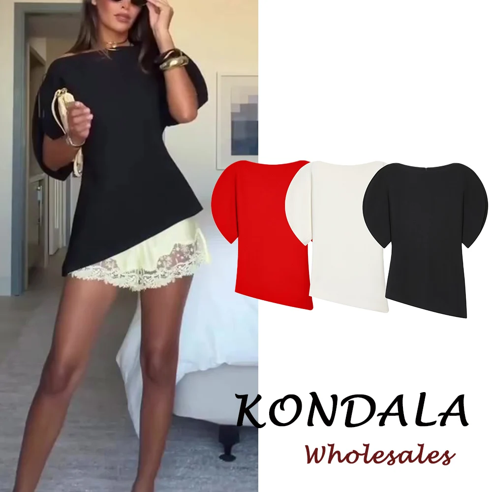 KONDALA Chic Elegant Night Party Women Top Streetwear Puff Sleeves Fashion 2026 Spring Short Sleeve Cool Black Casual Female Top