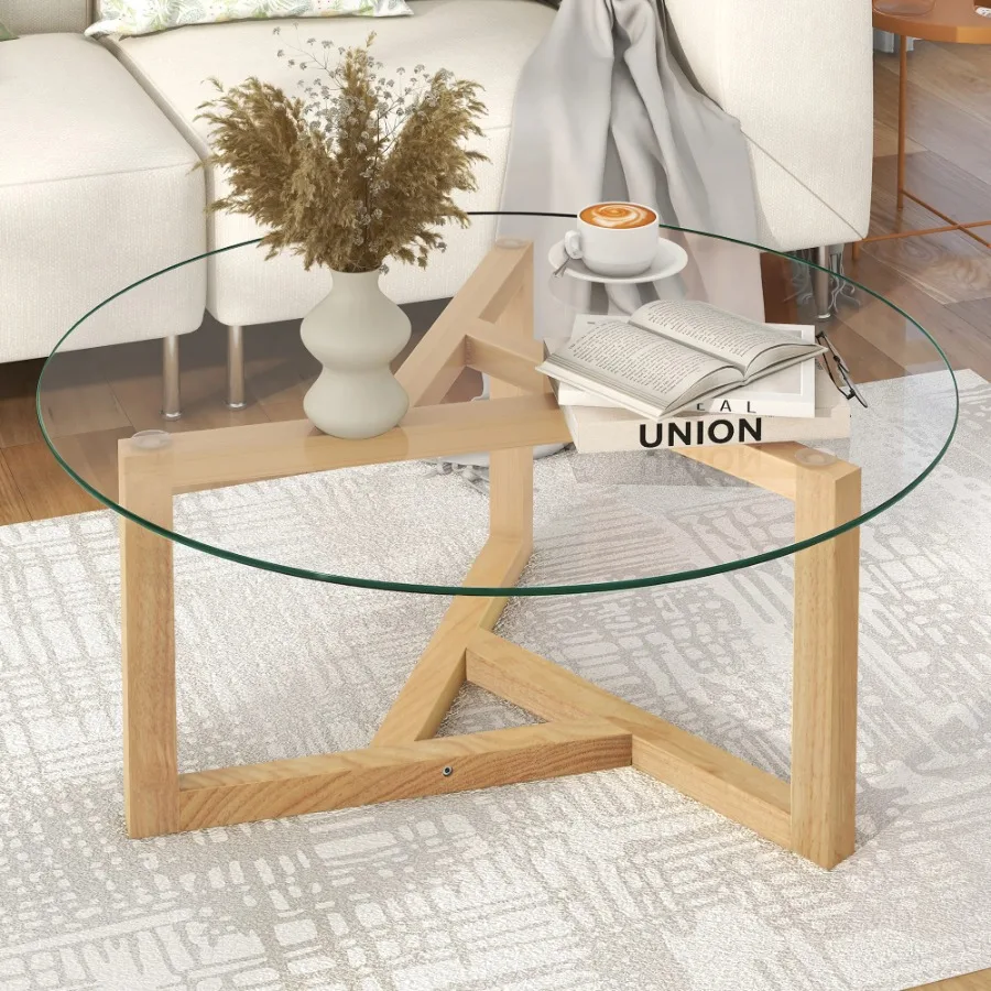 ON-TREND Round Glass Coffee Table Modern Cocktail Table Easy Assembly Tempered Glass Top Sturdy Wood Base Natural