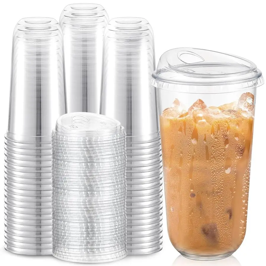 

100 Pcs Plastic Cups with Sip Lids Round Bottom Disposable Plastic Coffee Cups with Lids Clear Strawless Crystal Mugs for Iced C