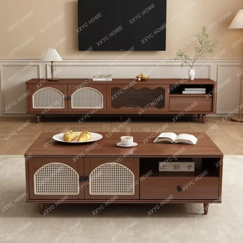 A Solid wood TV cabinet coffee table combination new small apartment living room home floor