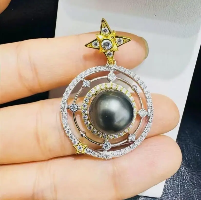 

stunning 10-11mm tahitian round black green pearl pendant 925s