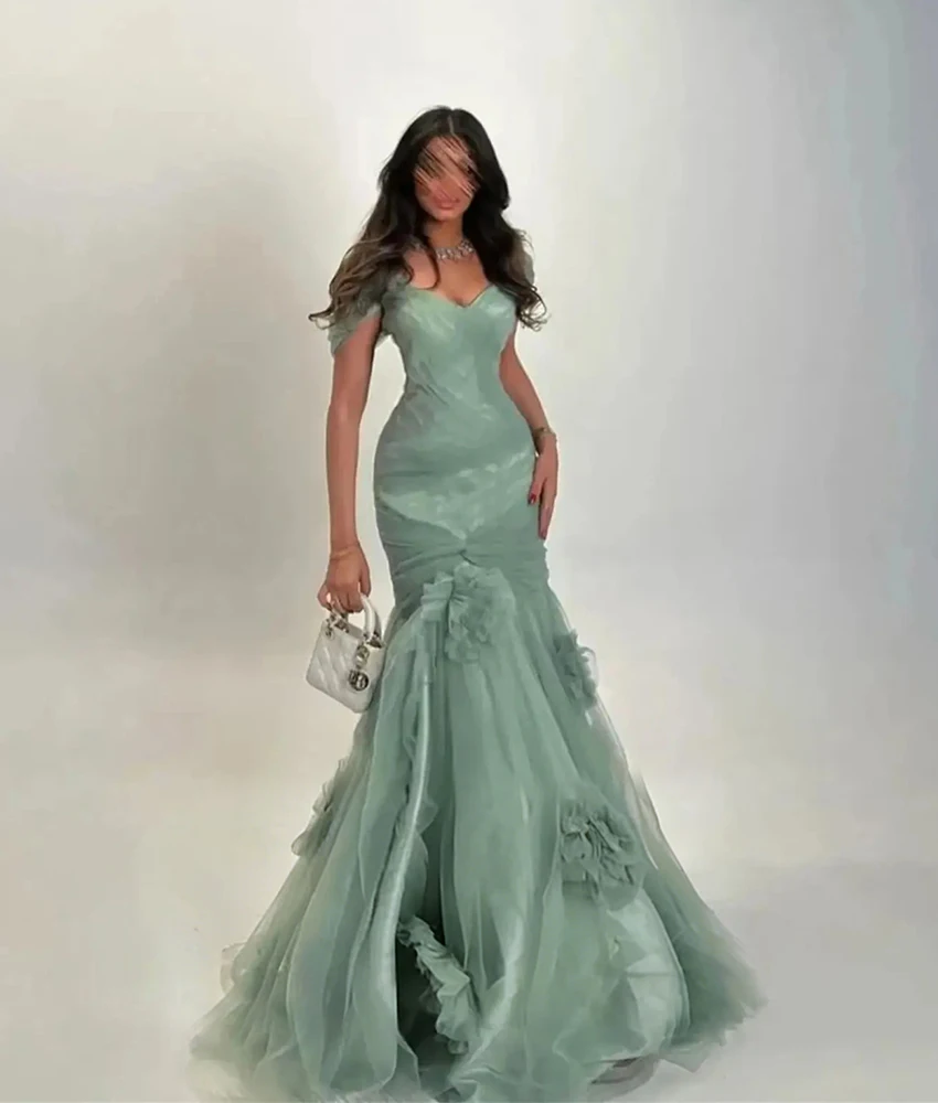 

Lzhk Customized Graceful Tulle Mermaid Off the Shoulder 3D Flowers Ruffles Evening Dress Delicate Sweetheart prom dresses