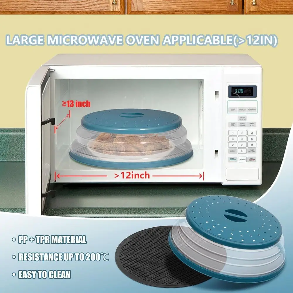 12-Inch Collapsible Microwave Splatter Guard with Silicone Mat - Vented Dish Lid and Kitchen Protector