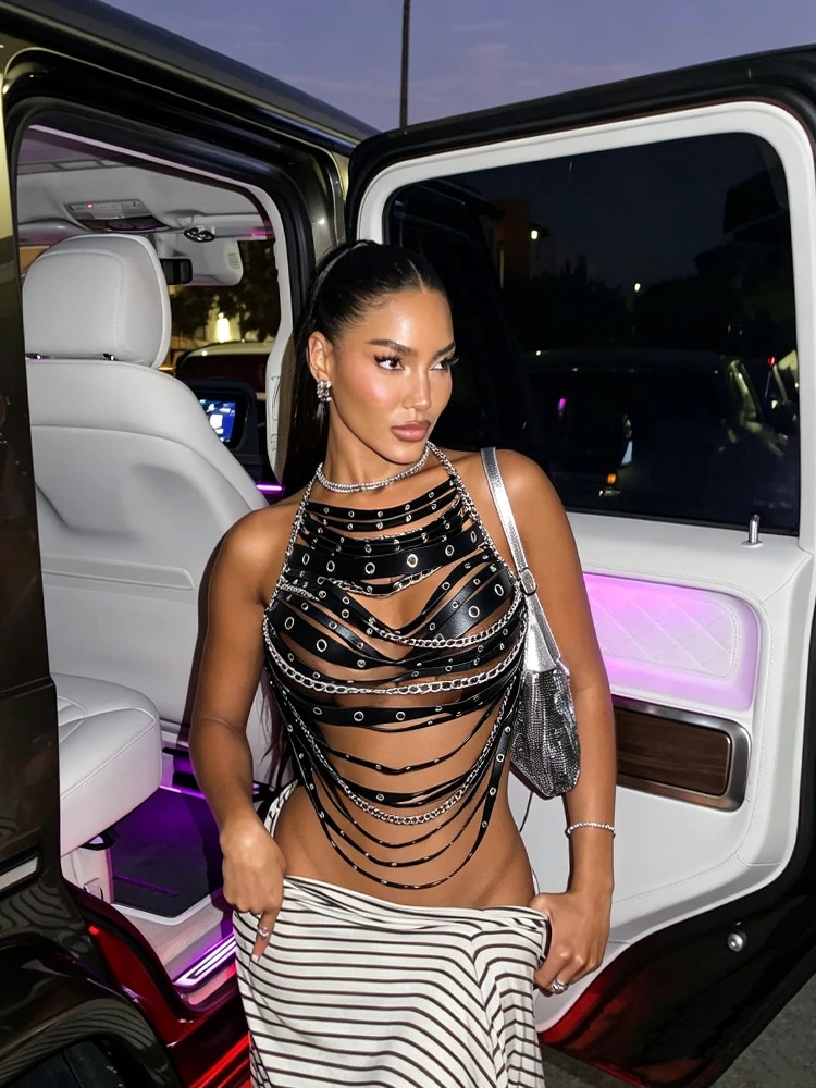Trendy Black Leather Halter Cut Out Vest For Women Sexy Y2K Streetwear Party Club Rave Festival Nightclub Fashion Top Present