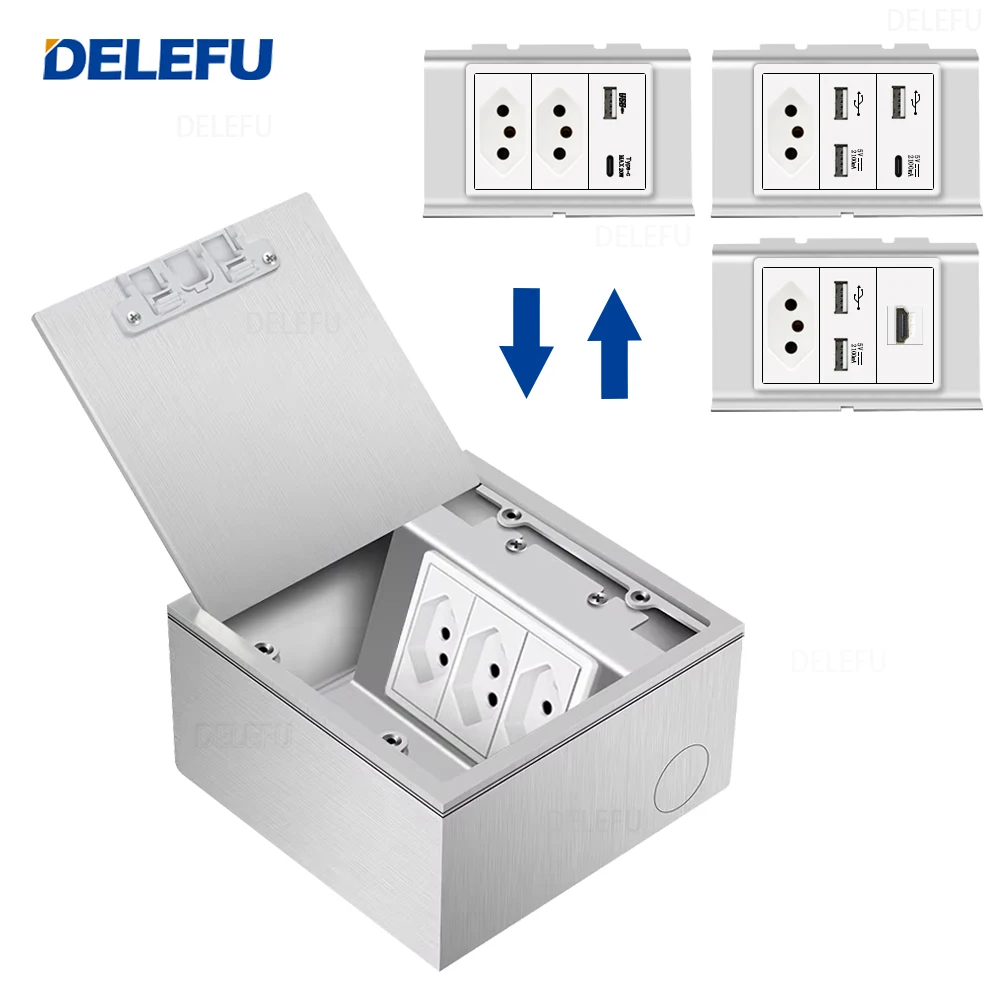 

DELEFU Stainless Steel Grounding Socket Bottom Box Brazil 10A 20A Socket 20W Fast Charging USB Type C Socket