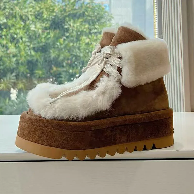 Botas de nieve de piel de invierno para mujer, botas cortas con cordones y punta redonda de suela gruesa, zapatos cálidos de lana, botines de plataforma plana de gamuza para mujer
