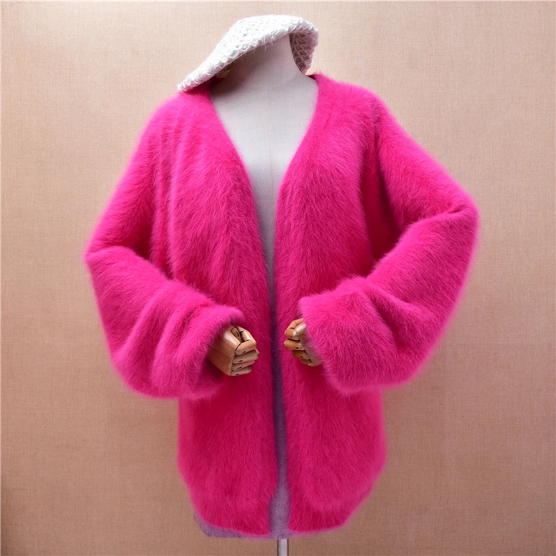 Ladies Women Autumn Winter Thick Warm Pull Rose Hairy Mink Cashmere Knitted Long Lantern Sleeves Loose Cardigans Mantle Sweater