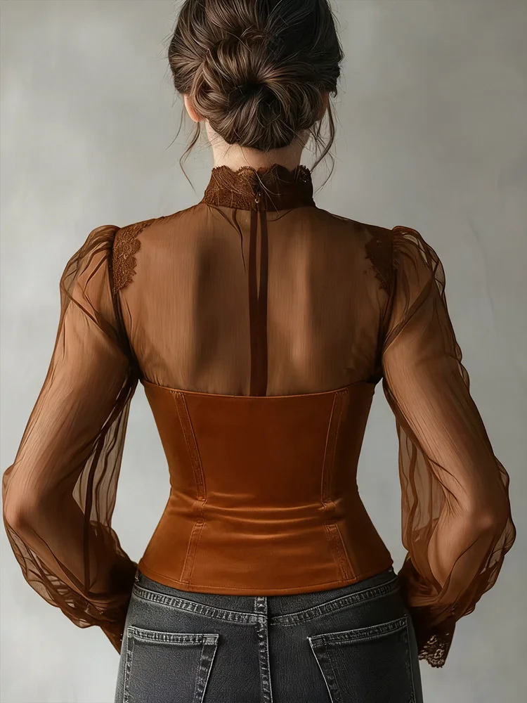Vintage Elegante Mesh-Damenbluse Schwarze Transparente Slim-Fit Bluse mit Hohem Kragen Spitze Gothic Punk Korsett-Top Langarm Samt Mode-Blusen – Detail 12