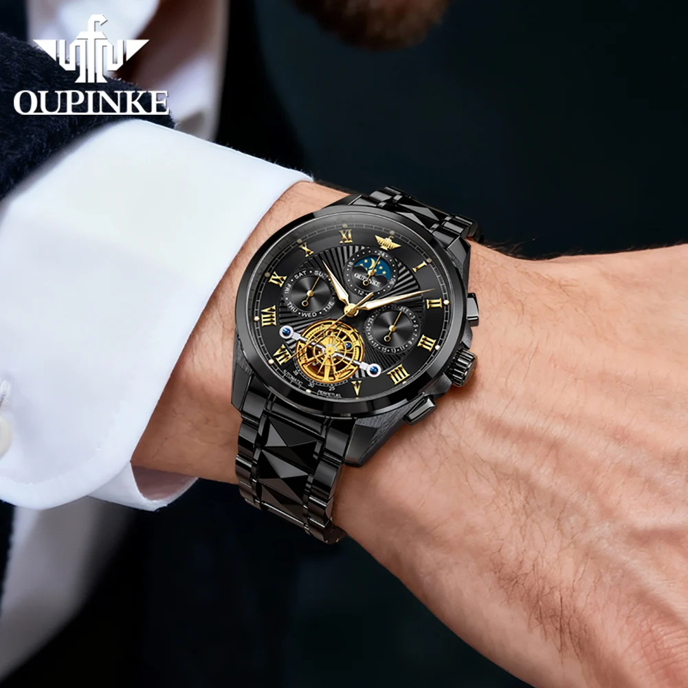 OUPINKE 3322 Men Mechanical Movement Watch Stainless Steel Strap Date Subdial Calendar Window Night Light 50m Waterproof Watch