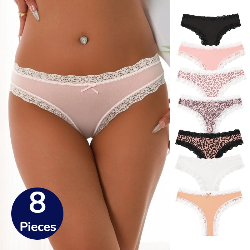 WarmSteps 8 Stück Spitzen-Damenhöschen, französische Tangas, Leopardenmuster, sexy Dessous, Blumen, weiche Unterwäsche, bequeme, atmungsaktive G-Strings