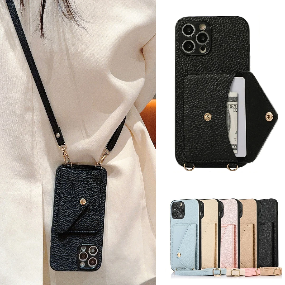 

Luxury Crossbody Strap Leather Card Slot Pocket Wallet Case For iPhone 11 12 13 14 15 Pro Max Plus Lanyard Phone Bag Cover Purse