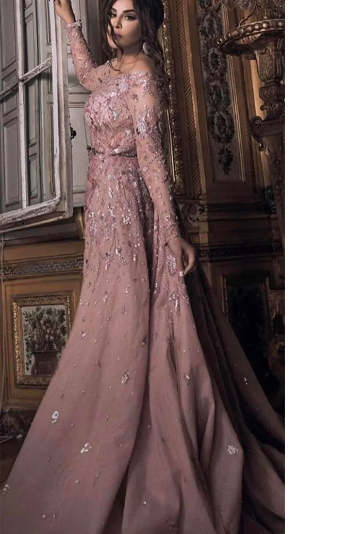 Hot Sale Pink Off The Shoulder Long Sleeves فساتين السهرة vestidos de fiesta  فساتين سهره evening dresses فستان العيد 2024