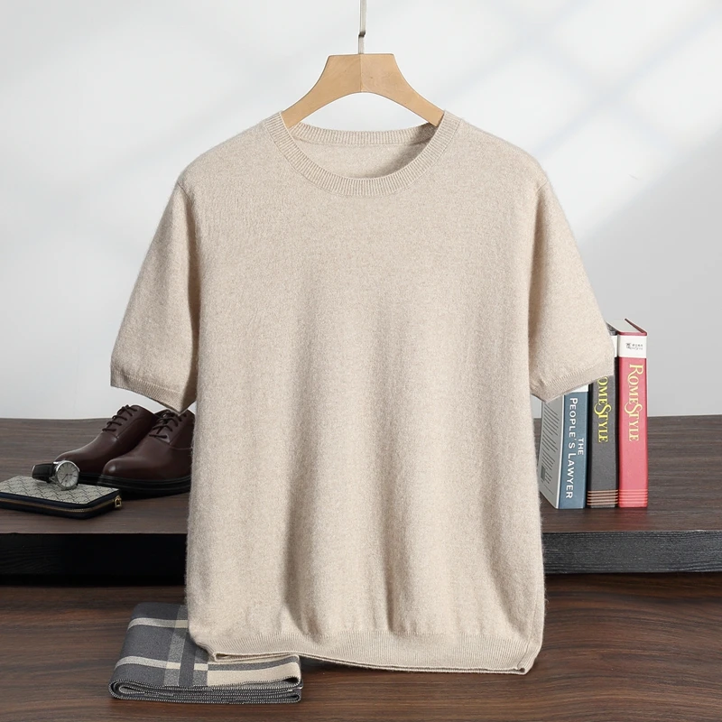 Camiseta para hombre Primavera/Novedad de verano 100% cachemir de manga corta para hombre jersey de punto con cuello redondo chaleco ropa informal de negocios para hombre
