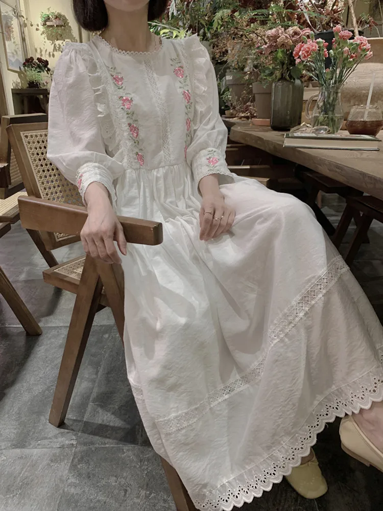 AIGYPTOS Spring Summer White Dress For Women Vintage Elegant Slim Lace Embroidery Long Dress Korean Fashion Holiday Dress Robe