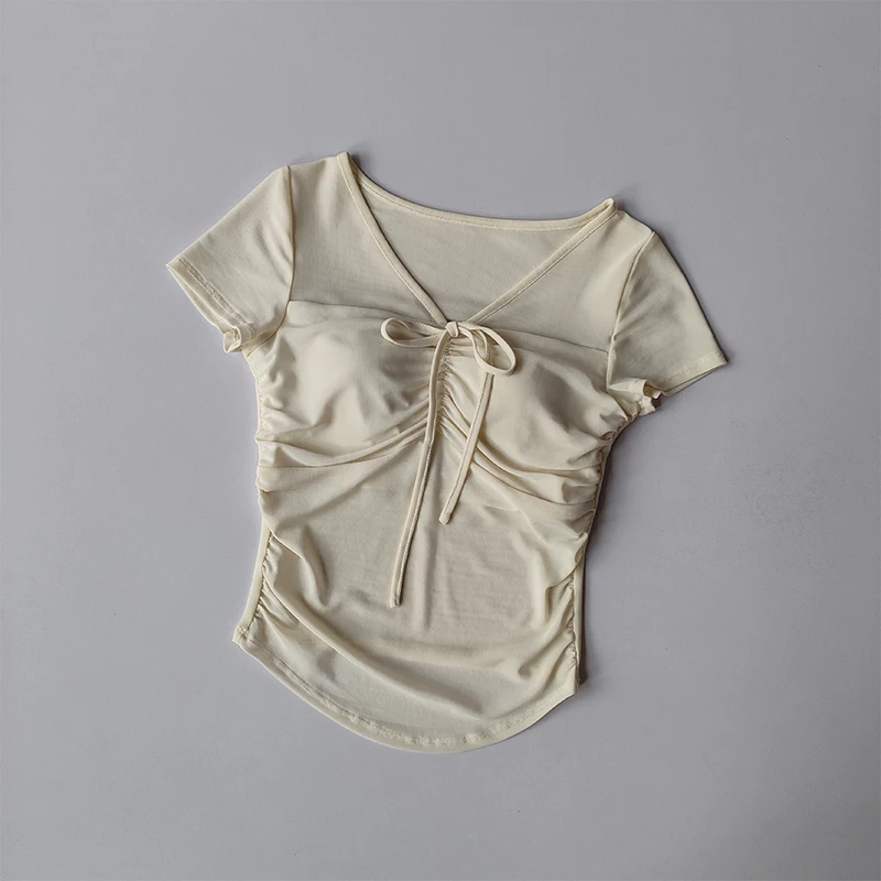 Neues Yoga-Kurzarm-T-Shirt für Damen mit Brustpolstern für Frühling und Sommer, schlichtes, schmales Mesh-Top für attraktive Mädchen. – Detail 3