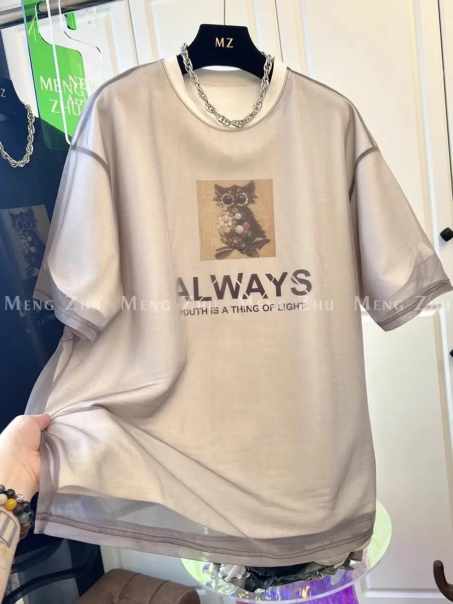 

T-Shirt Letter Cartoon Printed Top Summer New Style Mesh Fake Two-Piece Short-Sleeved T-Shirt