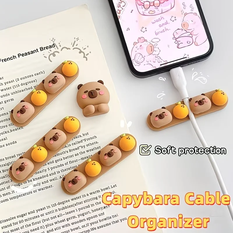 Kapibala Cable Fixing Device for Desktop Data Cable Organization, Silicone Non-Punching Winding Device, Cute Cartoon Storage