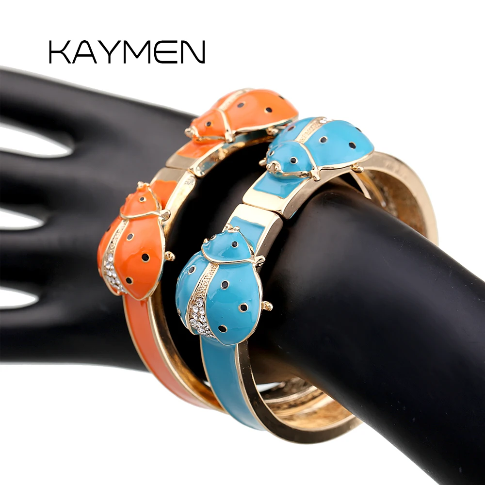 

Unique Enamel Colourful Ladybug Stack Cuff Bangles Chunky Bracelet for Women Teens Gold Plating Open Statement Bangles Jewelry