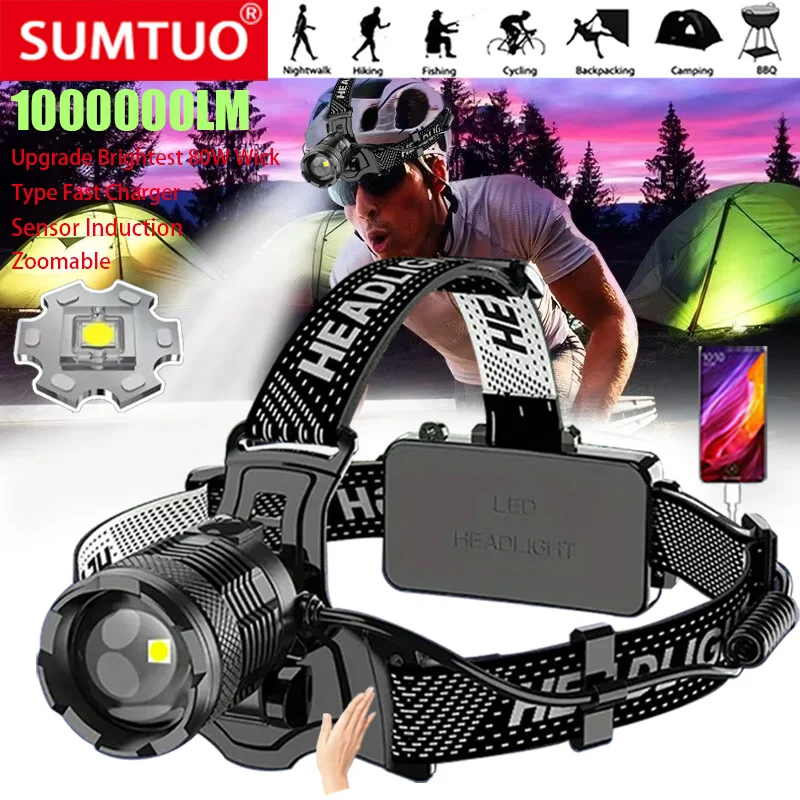 Sensor Headlamp LED Head Flashlight Rechargeable Headlight Head Torch 18650 Battery 4 Lighting Modes Fishing Camping Lantern