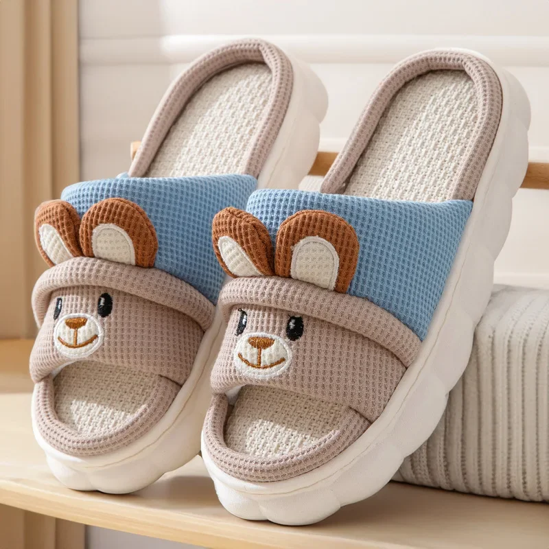 Cute Rabbit Slippers For Womens Autumn Cartoon Flip Flops Lady Cotton Linen House Shoes Slides Four Season Casual Home Slippers