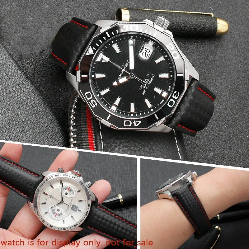 Carbon fiber texture genuine leather bottom watchband For Tag-heuer men's black with red line strap 20 22mm with folding buckle