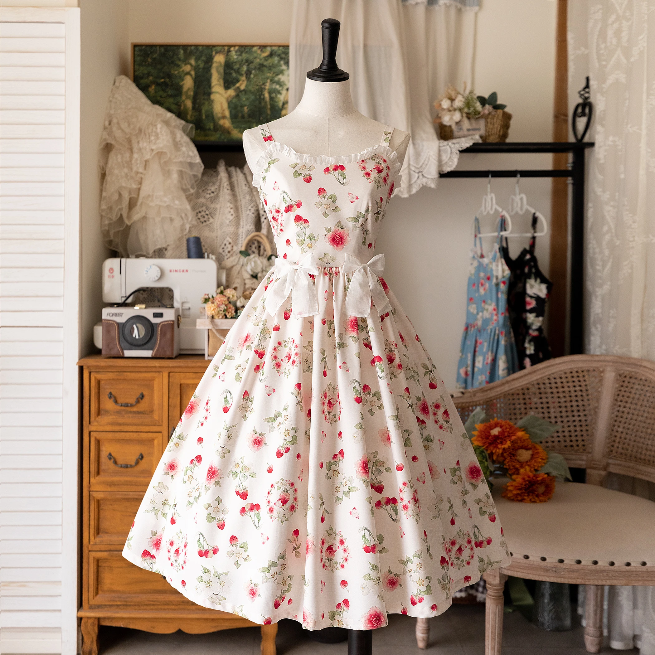 2024 Spring Summer Retro Dresses Feminine Sleeveless Lolita Dress Colorful Waist-Tight Dress Female Printed Flower Nice Dresses