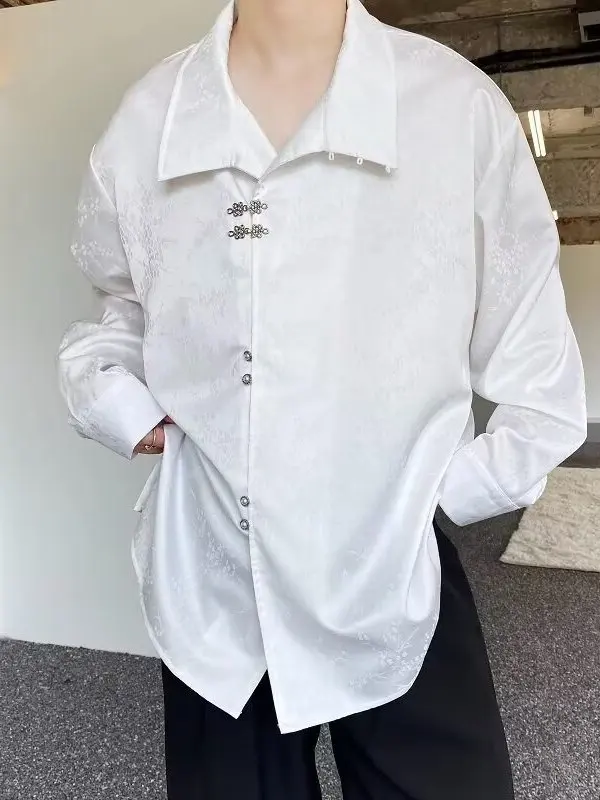 

New Chinese Sle Men's Long Sve irt Metal Button Satin Drape High-End Feelings Flower Pattern Loose Fit Casual irt