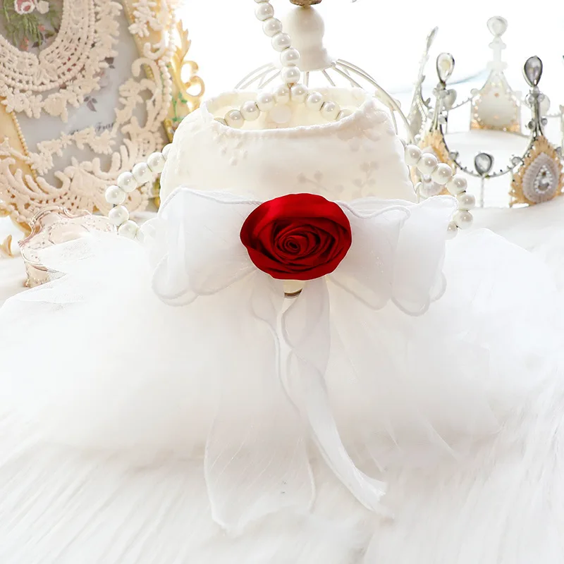 Autumn New Puppy Dog Cats Clothing White Cotton Lace Skirts Red Roseflower Bow Princess Dress For Small Medium Dog Pet Clothes