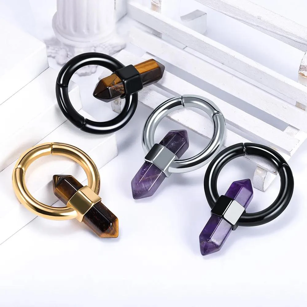 2PCS Latest Stainless Steel Amethyst Tiger Eye Stone Pillar Magnet Ear Weight Gauges Jewelry Earring Piercing Stretchers