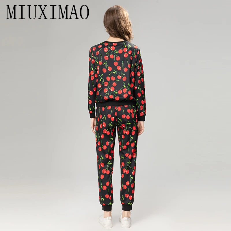 MIUXIMAO 2023 Fall sets for women 2 pieces Luxury Sicily Elegant Set Prints Cherry Top+ Slim Pants Fashion  pants sets  women